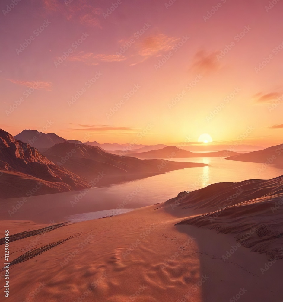 Fototapeta premium Soft gradient sunset landscape with fine grain texture, rocky outcrops, sunset, serene atmosphere