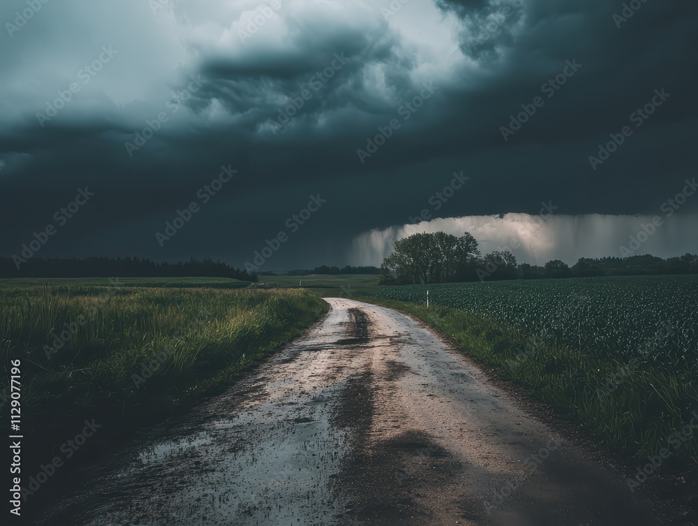 Cinematic mood Concept. A winding dirt road stretches through a lush landscape under dark, stormy skies, hinting at an impending downpour. Cinematic mood Concept. A winding dirt road stretches through a lush landscape under dark, stormy skies, hinting at an impending downpour.