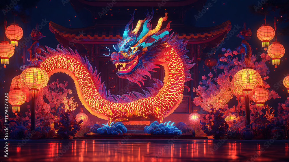 Fototapeta premium Vibrant dragon in festive colors surrounded by traditional lanterns for Lunar New Year celebrations