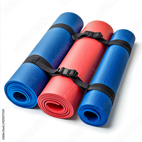 Lightweight yoga mats paired with portable resistance bands for versatile home training sessions isolated on white background photo