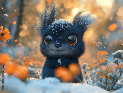 Handmade plush toy resembling a fluffy rabbit in a flower-filled snowy landscape
