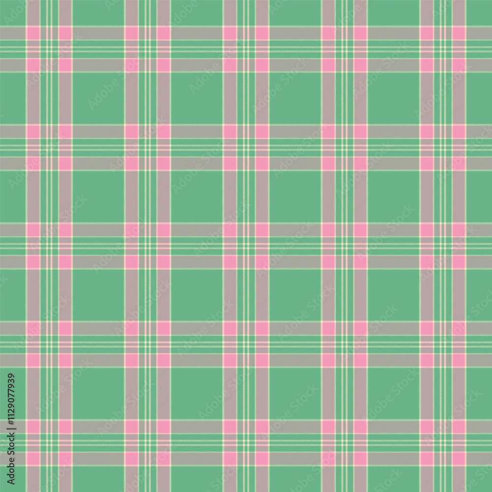 Fototapeta premium Plaid with twill weave repeat pattern.Checkered tartan gingham seamless pattern in green and pink.Geometric graphic vector illustration background design for fabric and prints.