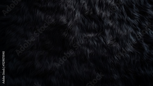 Black long fiber soft fur background. Wool textute, fluffy blanket.