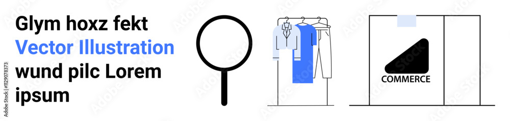 Various e-commerce elements including a clothes rack, a magnifying glass, and a store display. Ideal for online shopping, retail, clothing, search functionality, marketing, commerce digital Various e-commerce elements including a clothes rack, a magnifying glass, and a store display. Ideal for online shopping, retail, clothing, search functionality, marketing, commerce digital