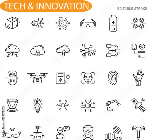 Technology Innovation Icons Digital, Smart, Future, Gadget, Network, Cloud, Drone, VR, AI, IoT