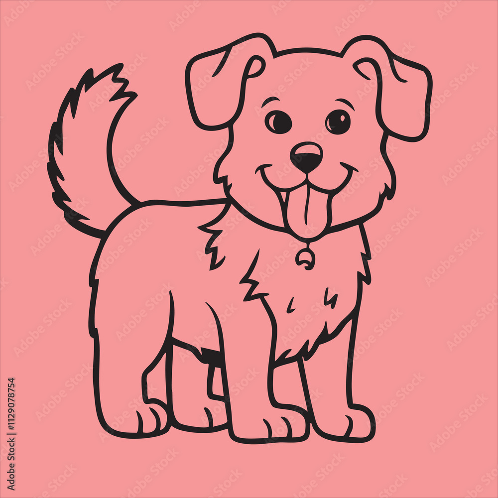 Playful Black Line Drawing of a Dog on Pink Background Playful Black Line Drawing of a Dog on Pink Background