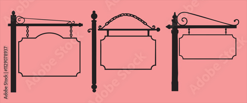 Ornate Black Illustration of Three Hanging Signs on Pink Background