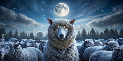 Night Photography of a Wolf Disguised as a Sheep Amongst the Flock, Capturing the Contrast of Predation and Innocence in a Darkened Pastoral Scene photo