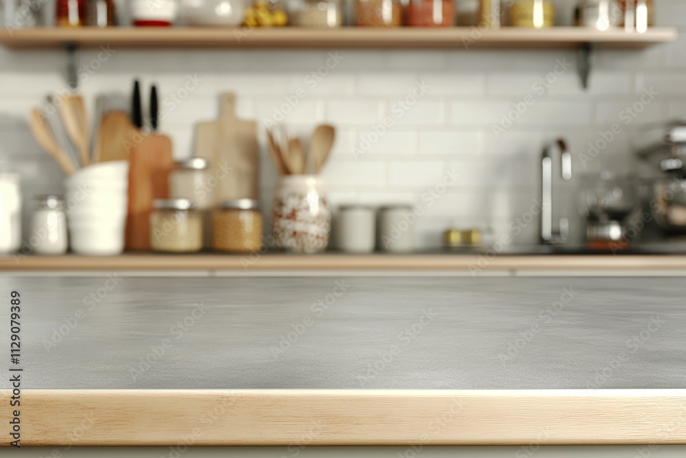 Empty kitchen counter with blurred background of shelves, utensils, and appliances. Empty kitchen counter with blurred background of shelves, utensils, and appliances.