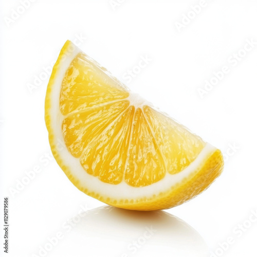 Close-up of a fresh lemon wedge with white background.