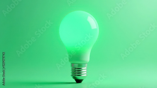 Green light bulb on solid background illuminating innovation and energy efficiency