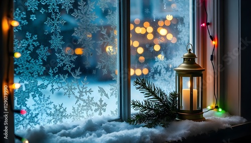 Snowy Christmas Window with Lantern