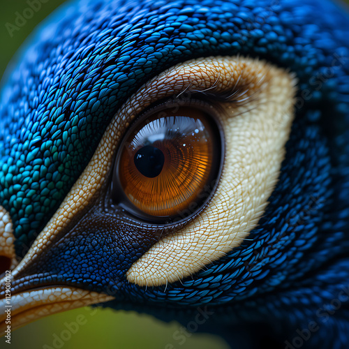 A Close-Up of a Peacock s Eye – AI Generated Digital Art. An AI-generated close-up illustration of a peacock s eye, showcasing intricate details and vivid colors. photo