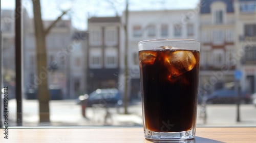 Refreshing Iced Coffee in Bright Urban Cafe Setting