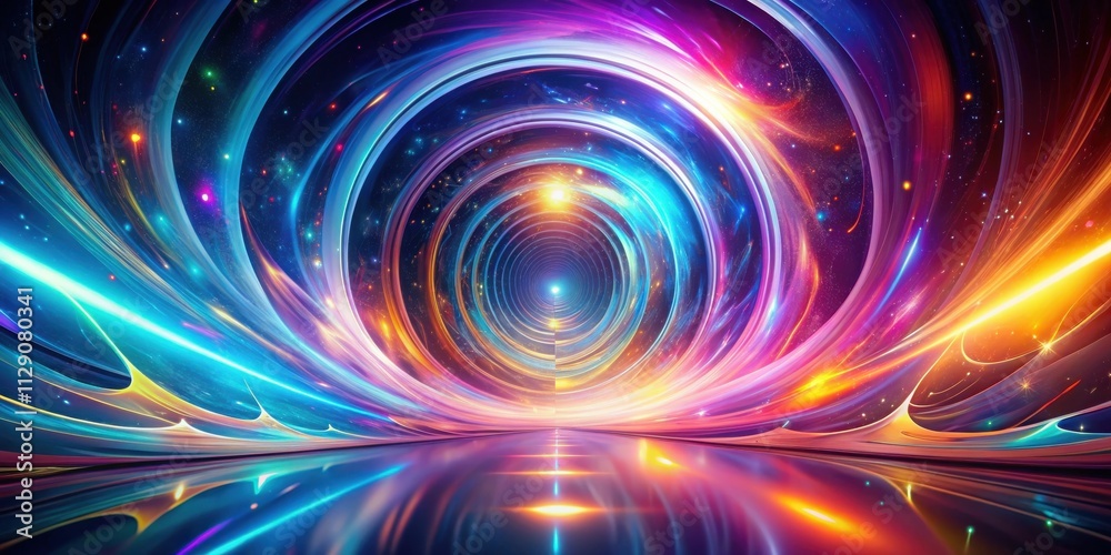 A symphony of colorful light trails and swirling rings create a cosmic portal, where reality and fantasy collide in a mesmerizing dance of vibrant hues.