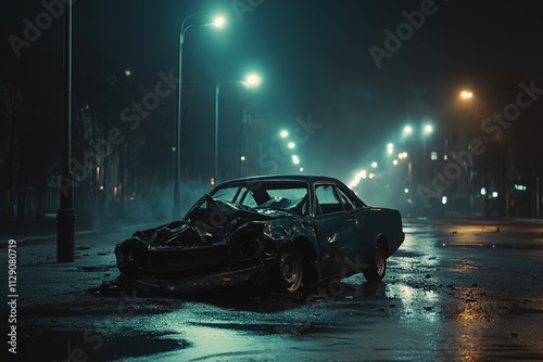 Crashed car on a wet, empty street at night illuminated by moody blue and orange streetlights under pouring rain
