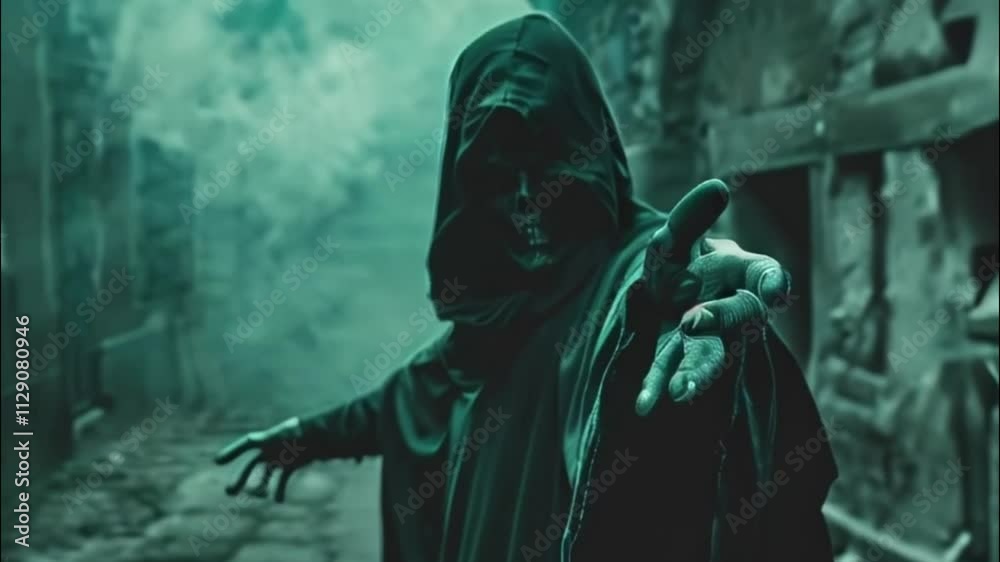 Scary grim reaper with sharp scythe in hell with dramatic background