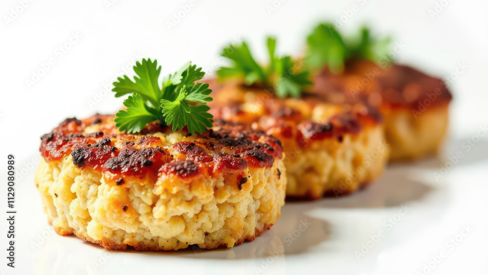 Savory homemade crab cakes with fresh parsley garnish on white background Savory homemade crab cakes with fresh parsley garnish on white background