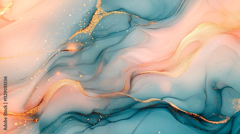 Fototapeta premium Abstract art, fluid acrylic paint, teal, pink, gold, marble texture.