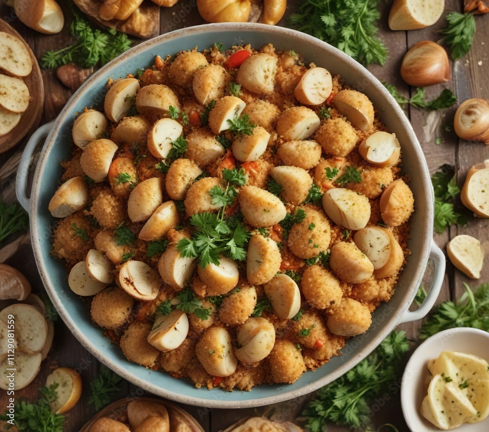 Clam bake topped with crispy breadcrumb crust and sprigs of fresh parsley, fresh parsley, seafood dish Clam bake topped with crispy breadcrumb crust and sprigs of fresh parsley, fresh parsley, seafood dish