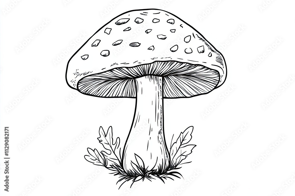 A Detailed Line Drawing Of A Spotted Mushroom A Detailed Line Drawing Of A Spotted Mushroom