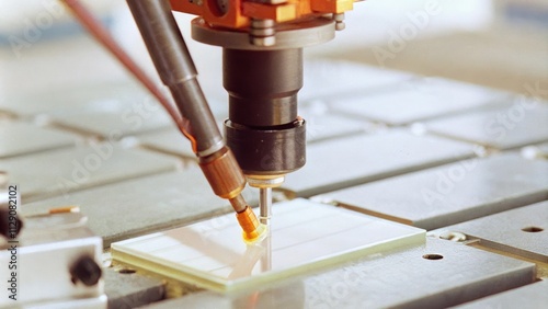 A robotic arm positioned above a microscopic glass rod carefully applying adhesive with pinpoint accuracy before moving to attach another component. photo