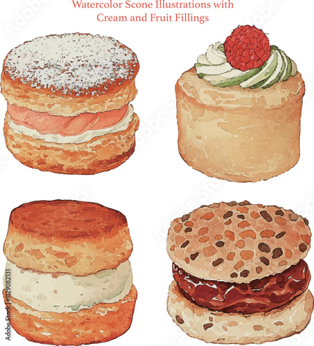 Watercolor Scone Illustrations with Cream and Fruit Fillings