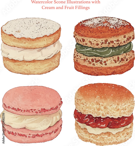 Watercolor Scone Illustrations with Cream and Fruit Fillings