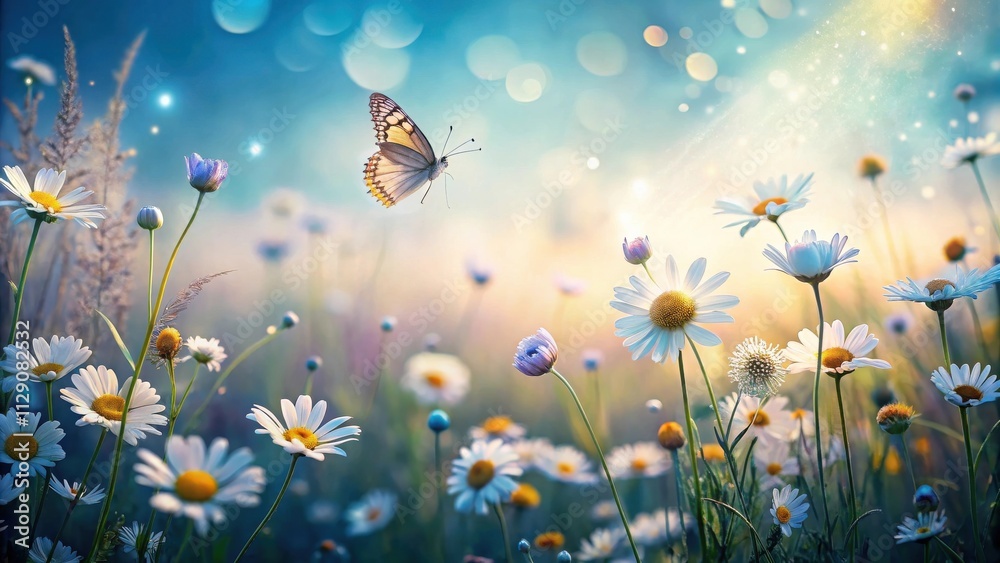 A delicate butterfly dances amongst a field of vibrant daisies, bathed in the golden glow of a warm summer sunrise. A delicate butterfly dances amongst a field of vibrant daisies, bathed in the golden glow of a warm summer sunrise.