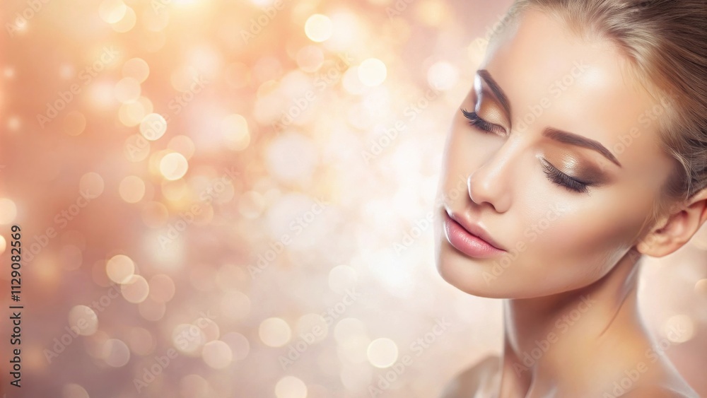 Close-up portrait of a woman with soft, natural makeup against a backdrop of delicate, shimmering light, highlighting her flawless complexion and elegant beauty.