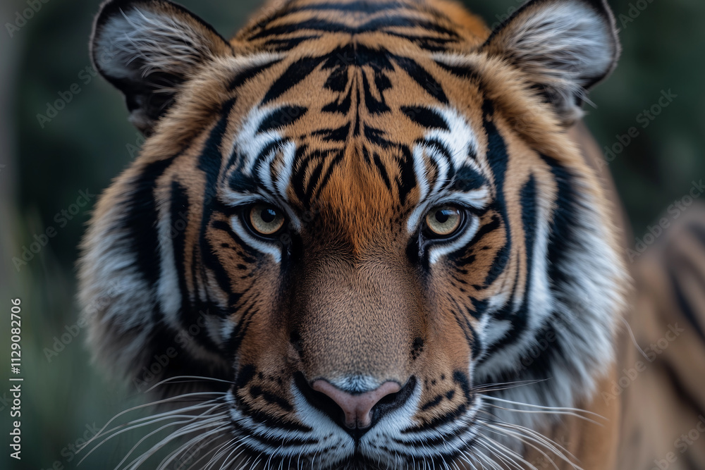 Fototapeta premium Majestic tiger gazes directly with powerful presence in a natural habitat setting