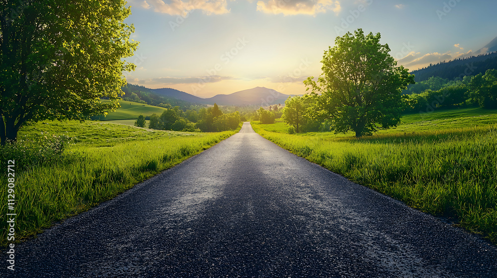 Scenic Country Road Leading Towards Sunset Mountains