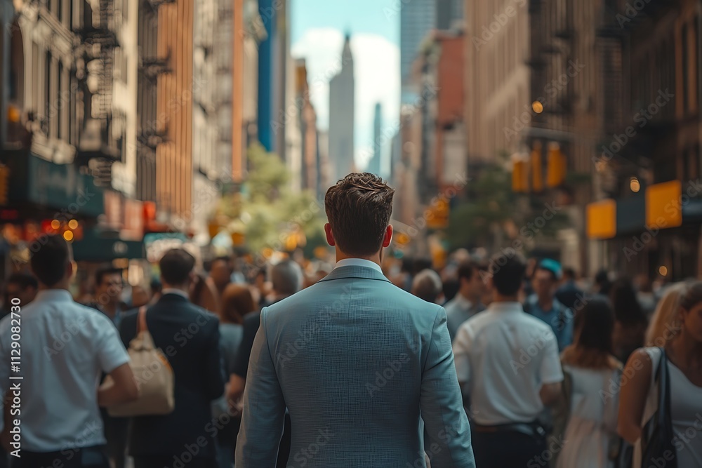 Man Walking Busy City Street Daytime Perspective Man Walking Busy City Street Daytime Perspective