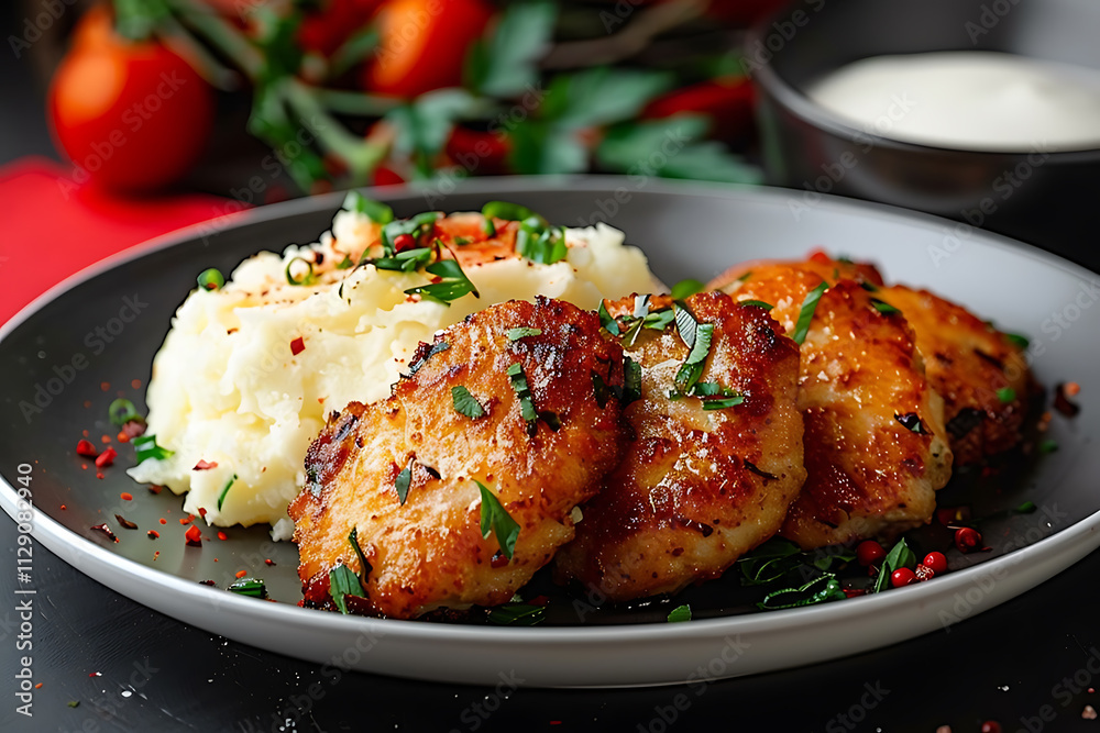 food photography, breaded cutlet and mashed potatoes on a white plate against a red backdrop food photography, breaded cutlet and mashed potatoes on a white plate against a red backdrop
