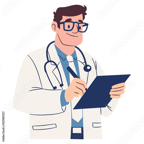 Male doctor writing something in notebook, listening to patient. Flat vector illustration, simple style, white background . Vector illustration