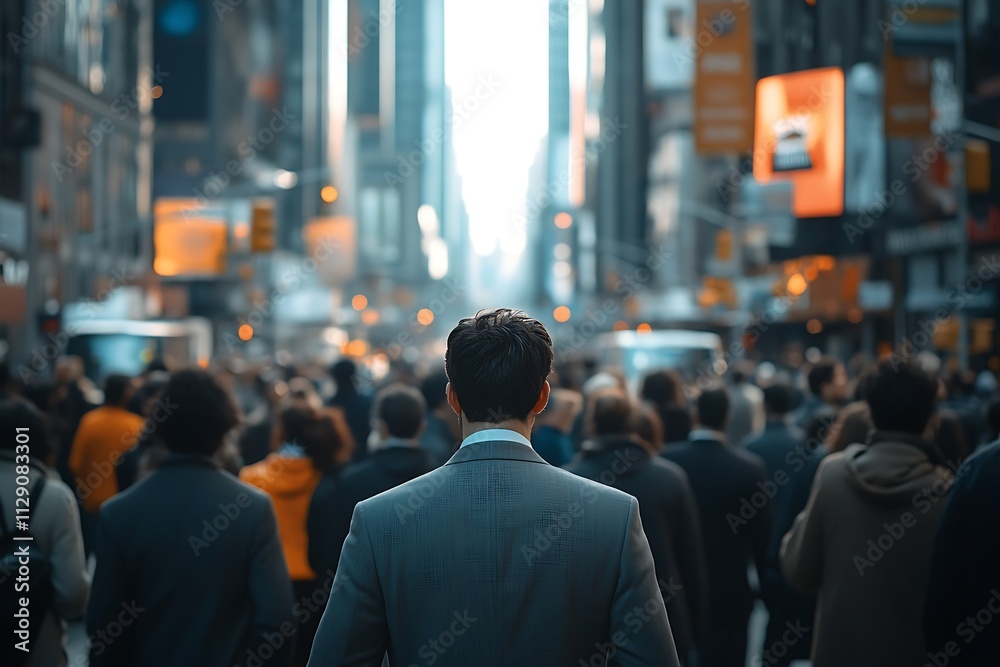 Man Walking City Street Skyscrapers Background Man Walking City Street Skyscrapers Background