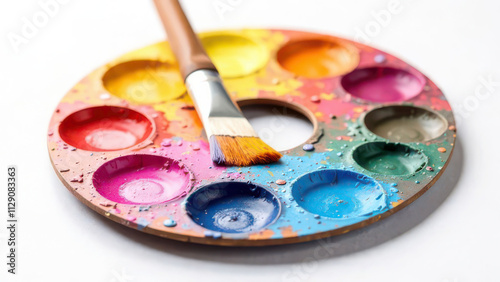 Colorful paint palette with brush on white background photo