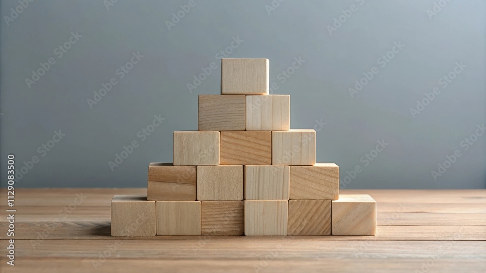 A simple arrangement of wooden blocks stacked in a pyramid shape on a wooden table with a gray background A simple arrangement of wooden blocks stacked in a pyramid shape on a wooden table with a gray background