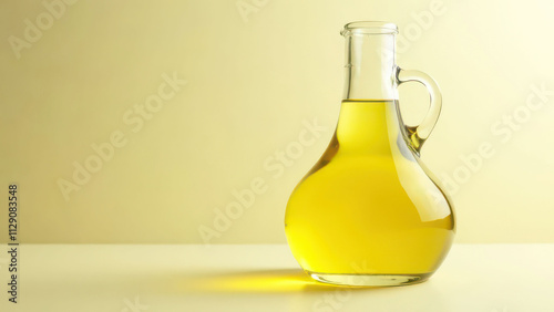 Glass jug of olive oil on yellow background photo