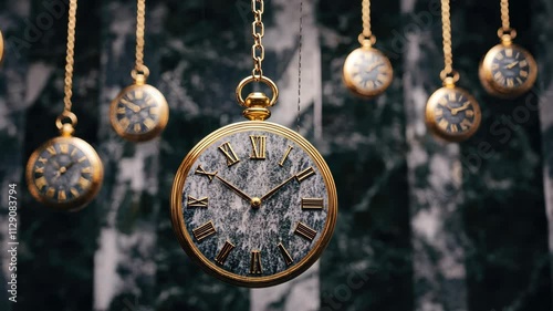 Swinging pocket watch on a gold chain showcasing timeless elegance
