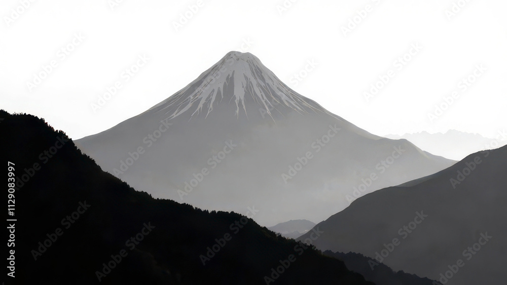 Majestic snow-capped mountain peak amidst misty hills at sunrise Majestic snow-capped mountain peak amidst misty hills at sunrise
