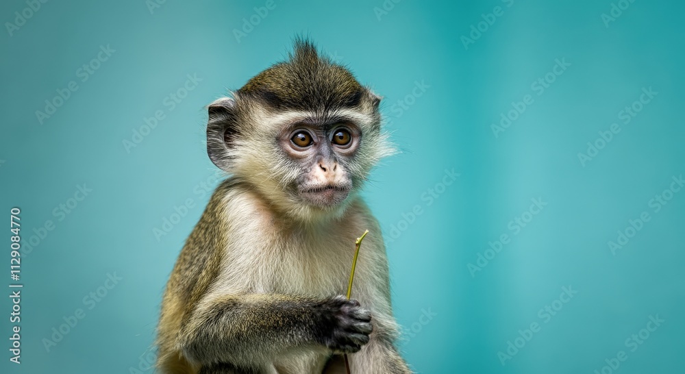 Curious young monkey holding a twig against a vibrant blue background Curious young monkey holding a twig against a vibrant blue background
