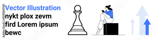 Young woman reading on a tablet while sitting on a box, next to a large chess pawn and upward arrows. Ideal for educational, strategic planning, personal growth, motivation, career development