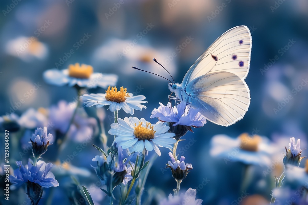 Naklejka premium Beautiful wild purple chamomile with butterfly in morning haze