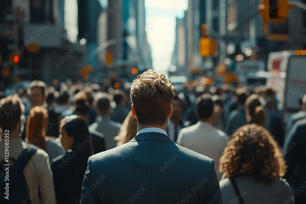 Man in Grey Suit Walking Away in Busy City Sunlight Man in Grey Suit Walking Away in Busy City Sunlight