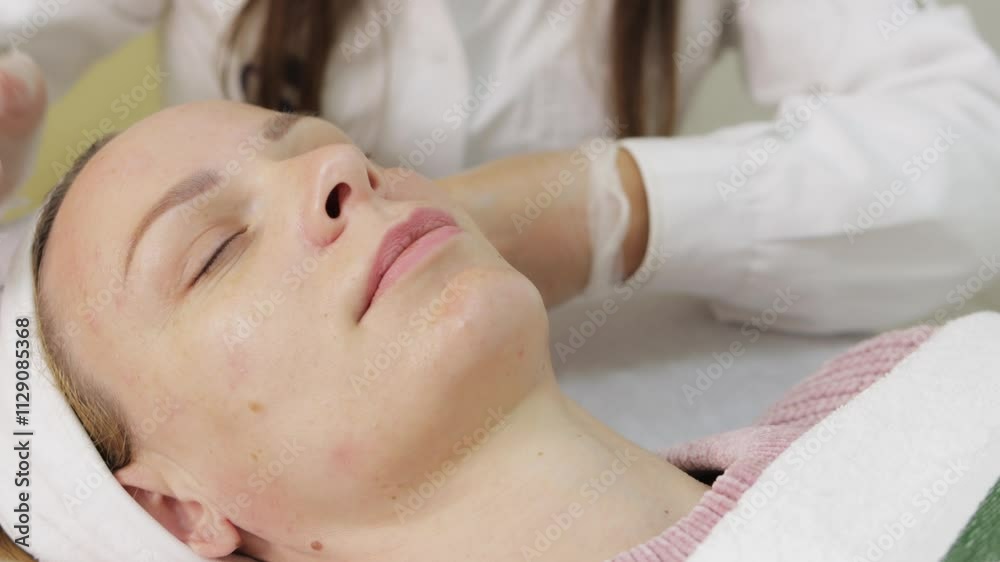 Beautician in white coat uses comedones extractor on female client during facial treatment at salon. Beauty Clinic Concept Beautician in white coat uses comedones extractor on female client during facial treatment at salon. Beauty Clinic Concept