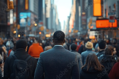 Man in Jacket Walking Busy City Street