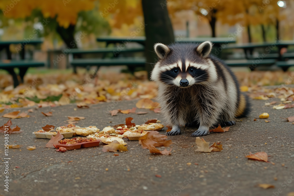 Fototapeta premium Raccoon finds food in a park surrounded by autumn leaves and trees
