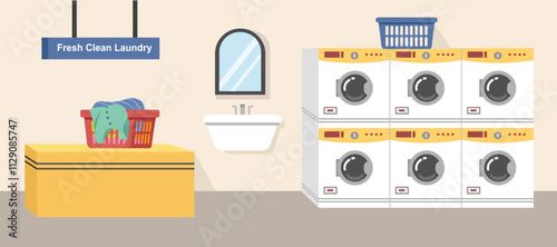 Laundry shop. Cashier. Wash basin. Washing clothes. Basket clothes. Clean clothes.