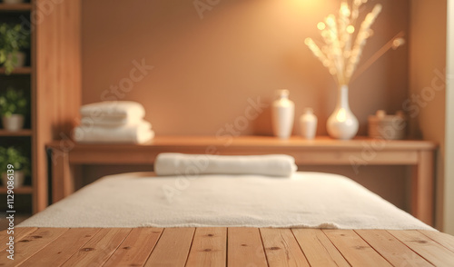 an empty wooden surface on the background of the spa